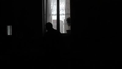 peeping through windows. Voyeur. In evening, on street  random passerby guy looking into bedroom window and filming on camera smartphone as devours ash-blonde mom milf undresses, heads to bed, wanks pussy, gets heavy wet orgasm. Outdoors Outside